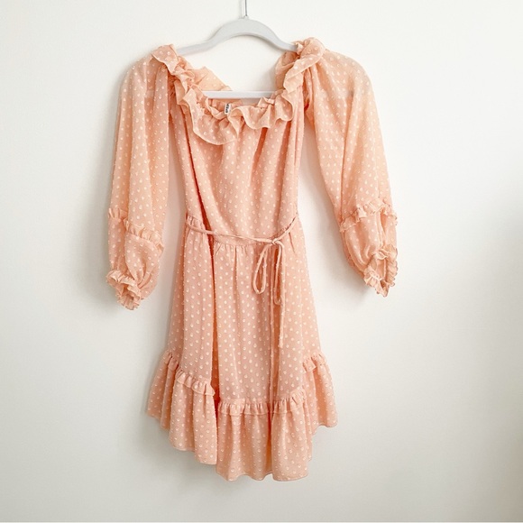 Indikah Dresses & Skirts - Indikah Peach Dot Balloon Sleeve Off the Shoulder Tie Waist Dress